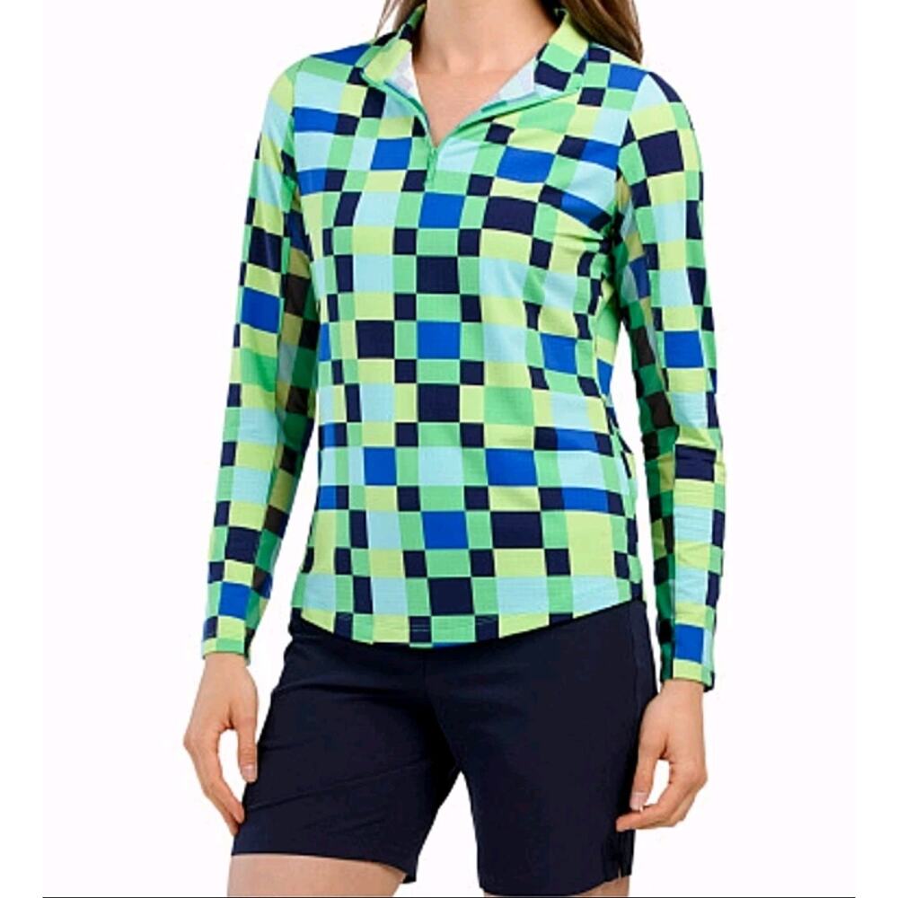 IBKUL Shirt Womens Sm Blue Green Check Long Sleeve 1/4 Zip Golf Mesh Pickleball